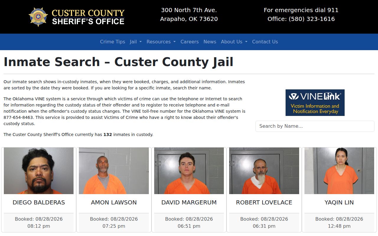 Custer County jail roster search interface for current booking records