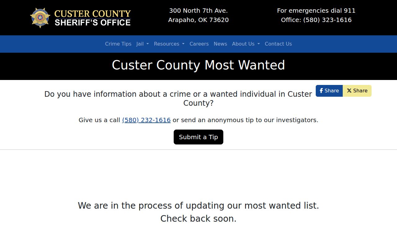 Custer County most wanted list official status and wanted-record information